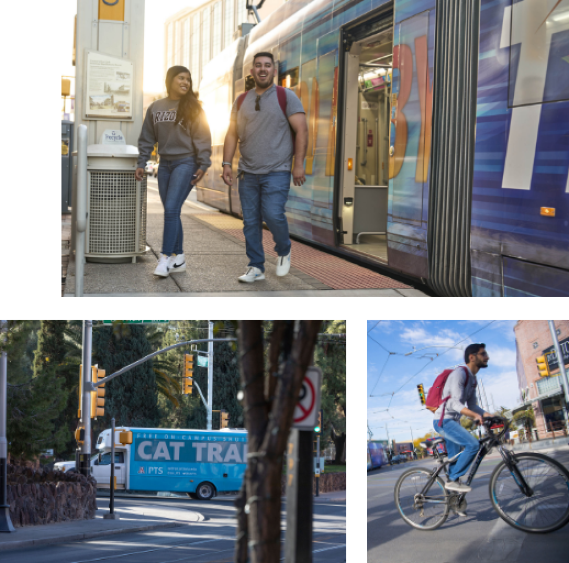 Collage of ways students get around campus. Streetcar (top), Cat Tran (bottom left), Biking (bottom right)