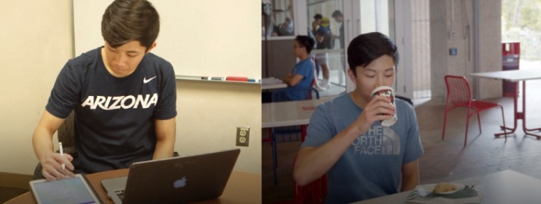Left: Student doing school work, Right: Student having lunch